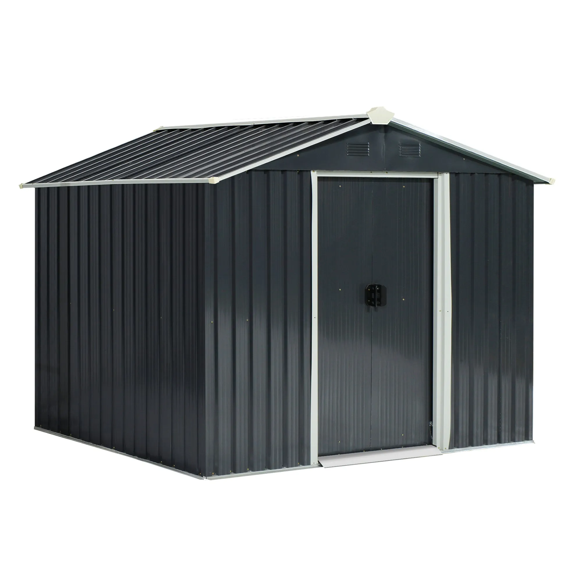 8 x 6ft Metal Garden Shed, Galvanised Outdoor Tool Storage House with Ventilation Slots and Sliding Doors, Grey