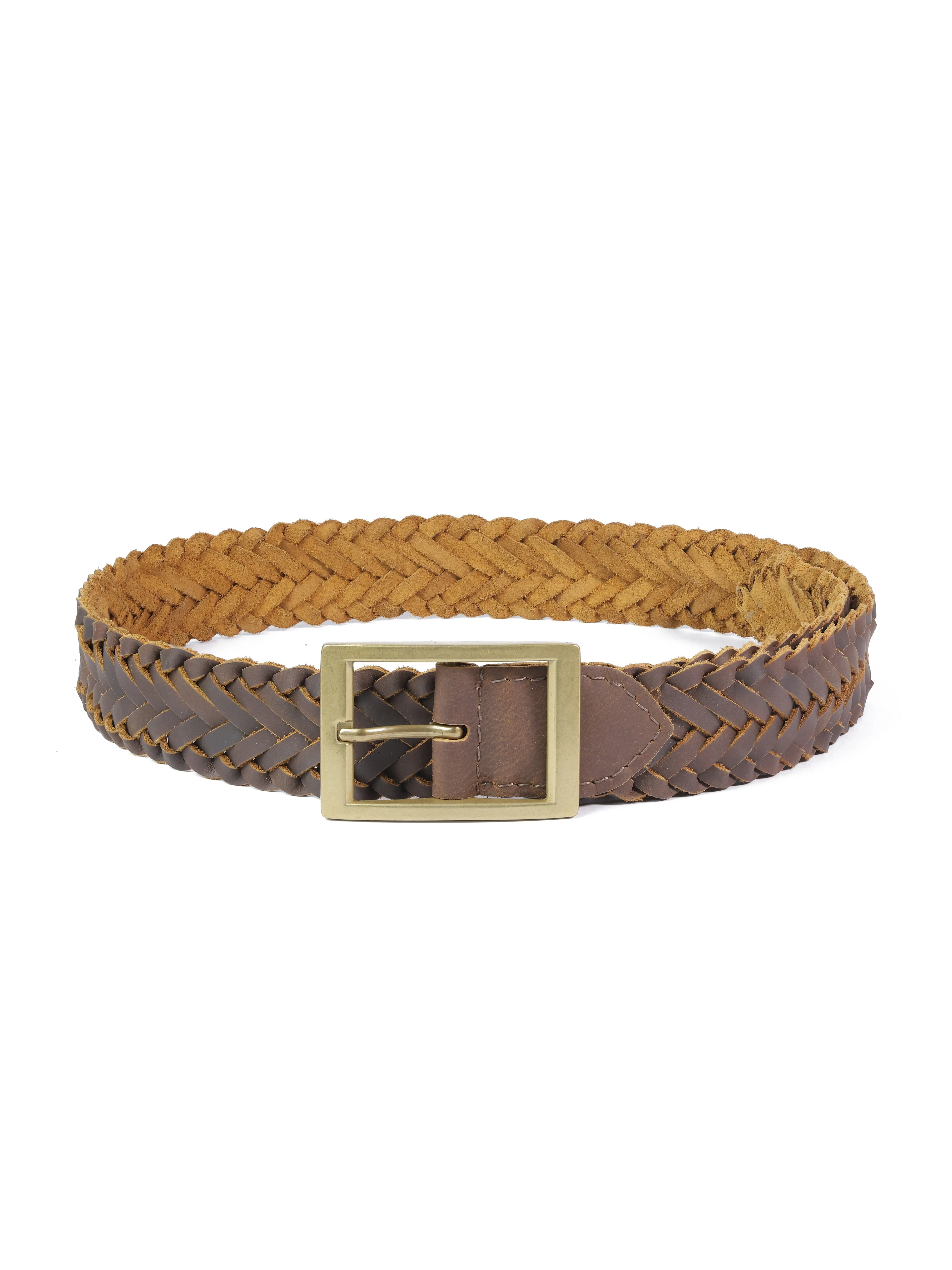 Aditi Wasan Women's Brown Braided Genuine Leather Belt with Brass Square Buckle