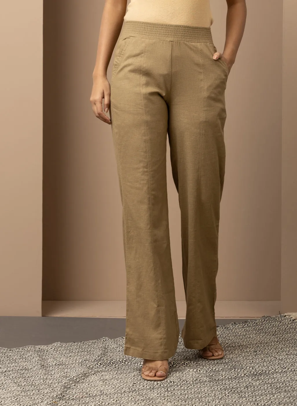 Akiya Dark Beige Cotton Linen Relaxed Fit Pants for Women