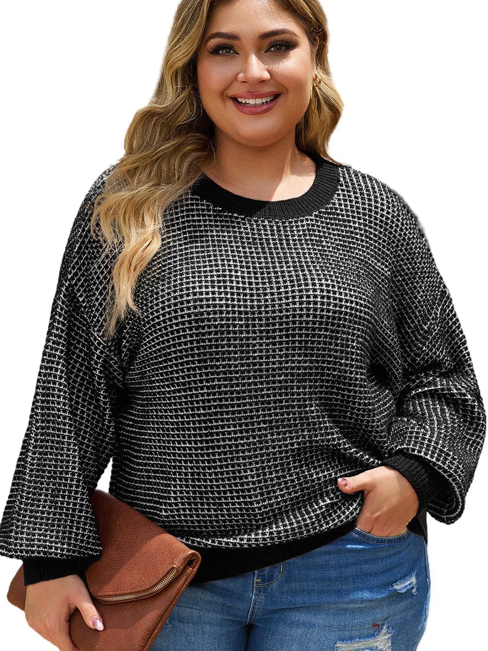 Black Heathered Knit Plus Size Drop Shoulder Sweater