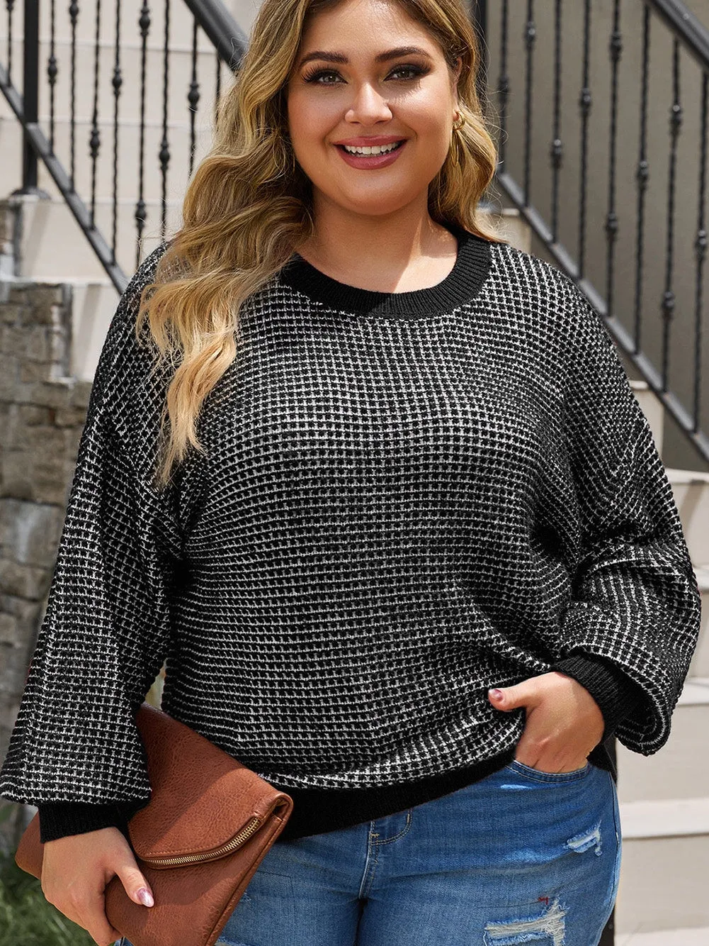 Black Heathered Knit Plus Size Drop Shoulder Sweater