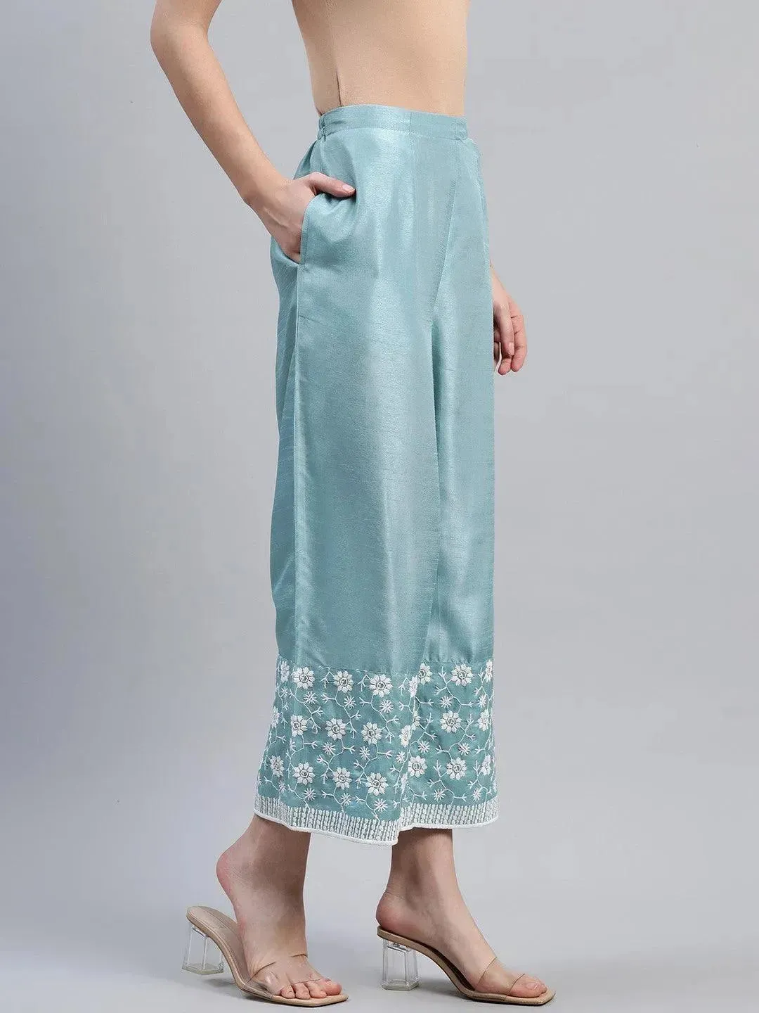 Blue Embroidered Silk Palazzos