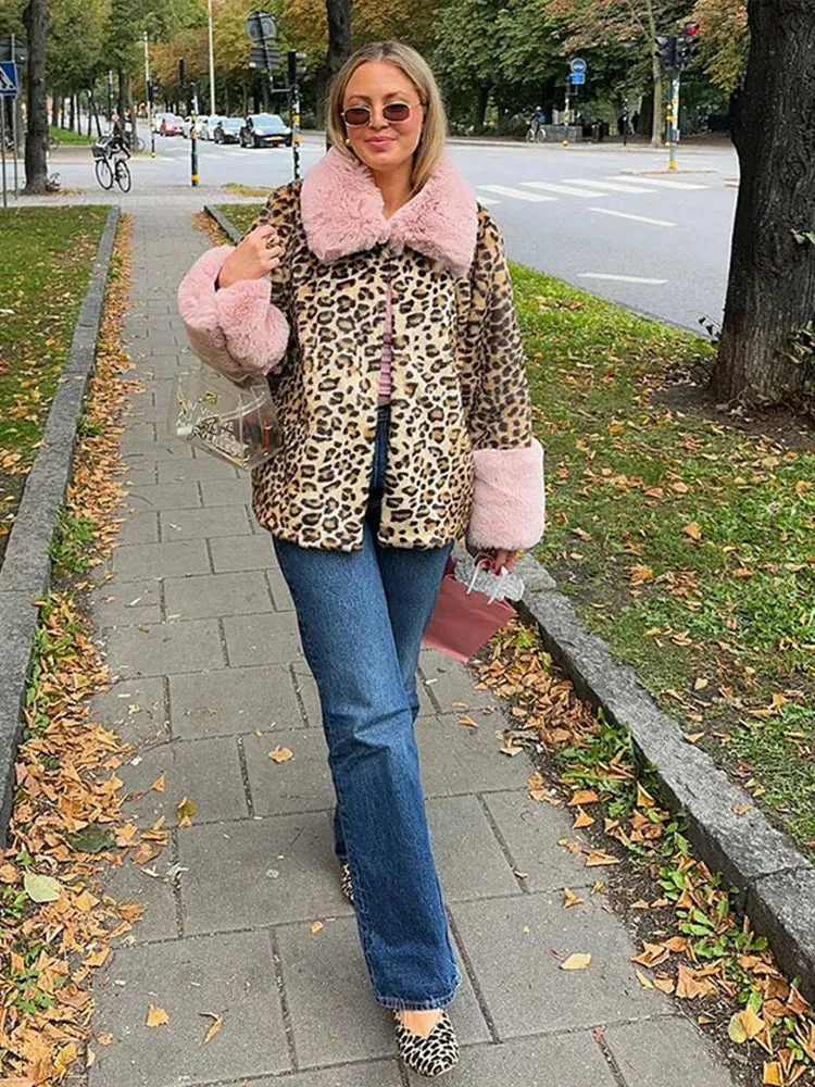 Bonnyshow Fashion Casual Leopard Women's Coat Retro Plush Turndown Collar Loose Coats Women Winter Windproof Thick Warm Soft Outerwears