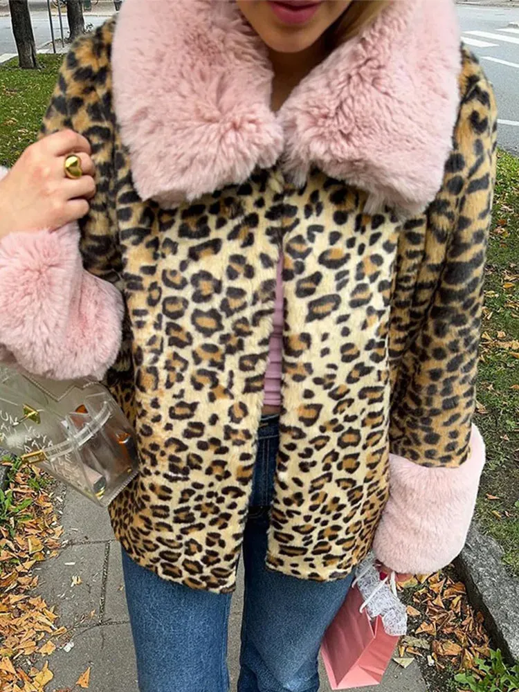 Bonnyshow Fashion Casual Leopard Women's Coat Retro Plush Turndown Collar Loose Coats Women Winter Windproof Thick Warm Soft Outerwears