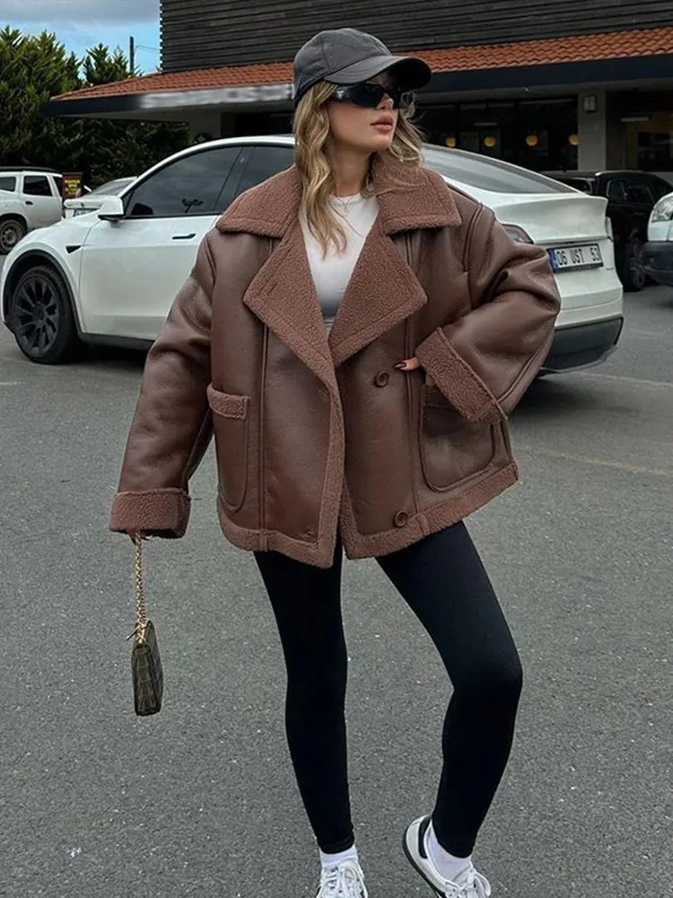 Bonnyshow Retro Brown Leather Women's Jacket Winter Warm Plush Lining Windproof Coats Fashion Casual Loose Turndown Collar Women Coat