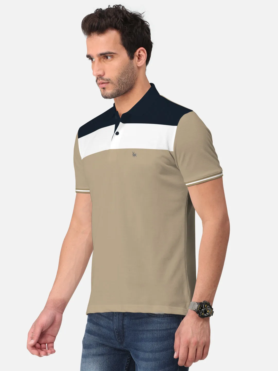 BULLMER Khaki Trendy Printed Half Sleeve Polo T-shirt for Mens