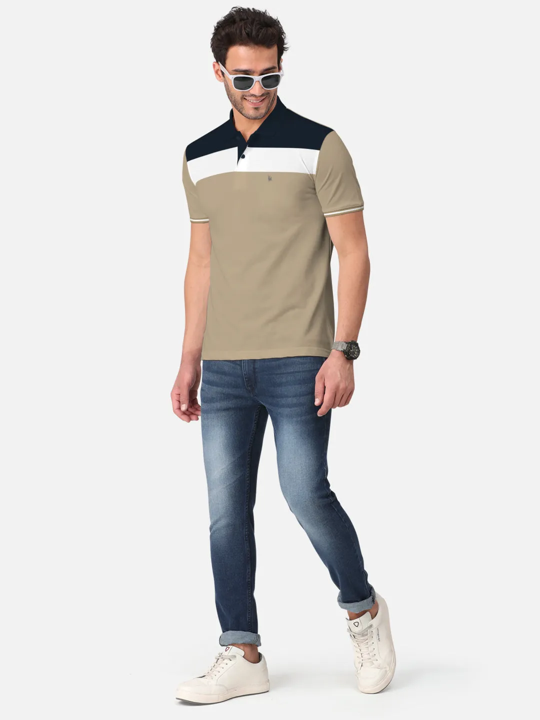 BULLMER Khaki Trendy Printed Half Sleeve Polo T-shirt for Mens