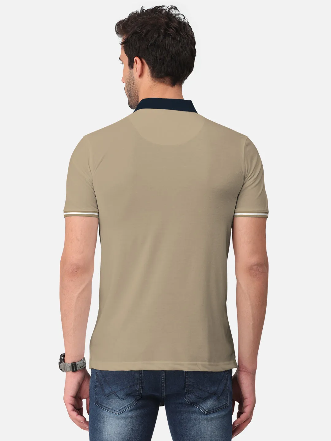 BULLMER Khaki Trendy Printed Half Sleeve Polo T-shirt for Mens