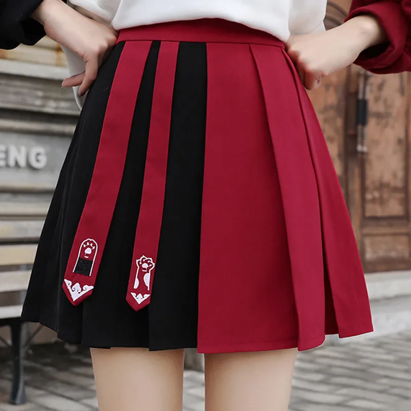 Cartoon Lucky Cat Letter Print Tassel Clolorblock Hoodie Cat Paws Skirt