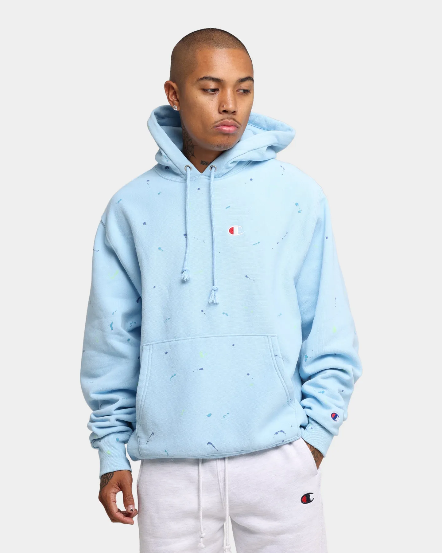 Champion Rev Weave Paint Splatter Hoodie Candid Blue