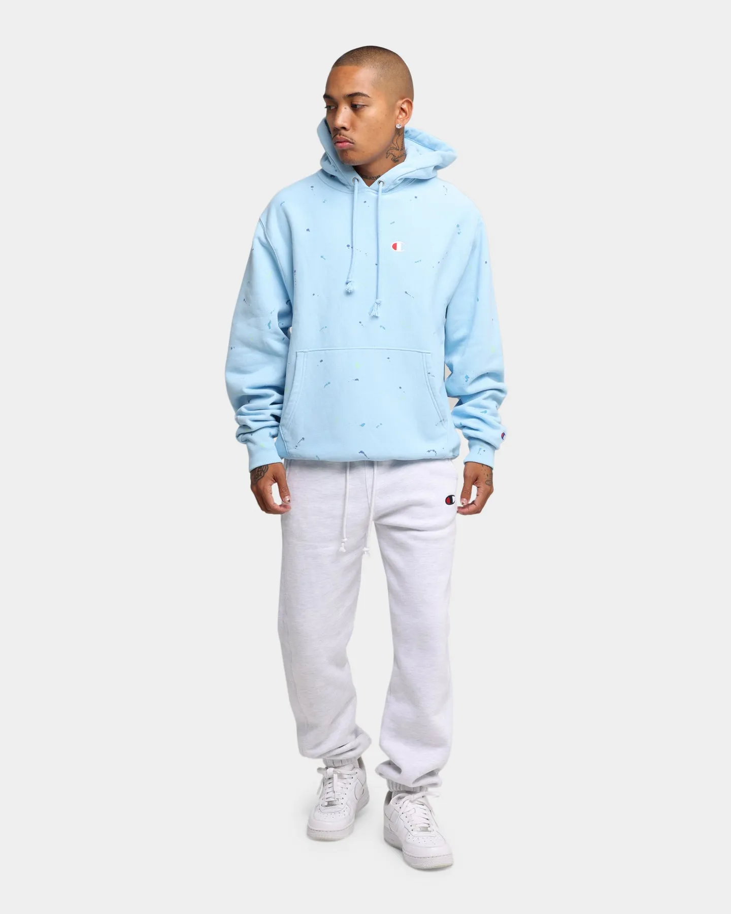 Champion Rev Weave Paint Splatter Hoodie Candid Blue