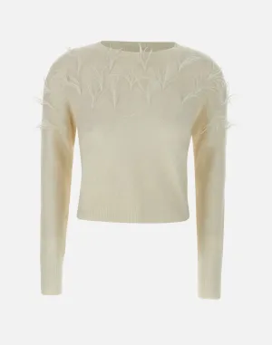 Cream Wool Alpaca Sweater with Feathers