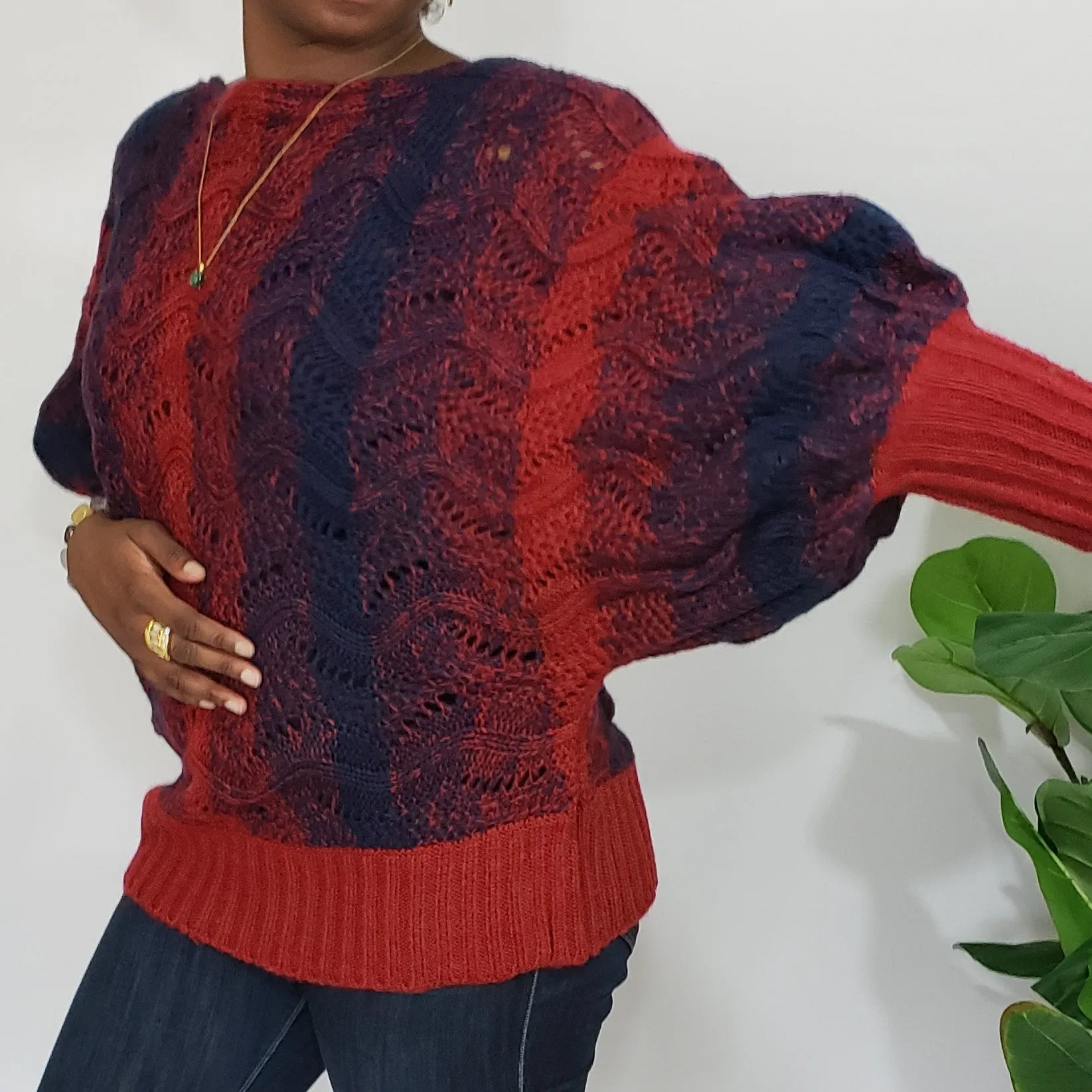 Gabrielle Rich Red & Navy Boatneck Knit Sweater in Plus