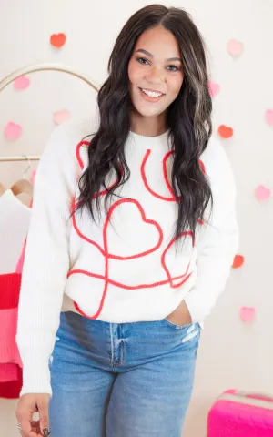 Hearts Thread Embroidery Long Sleeve Sweater