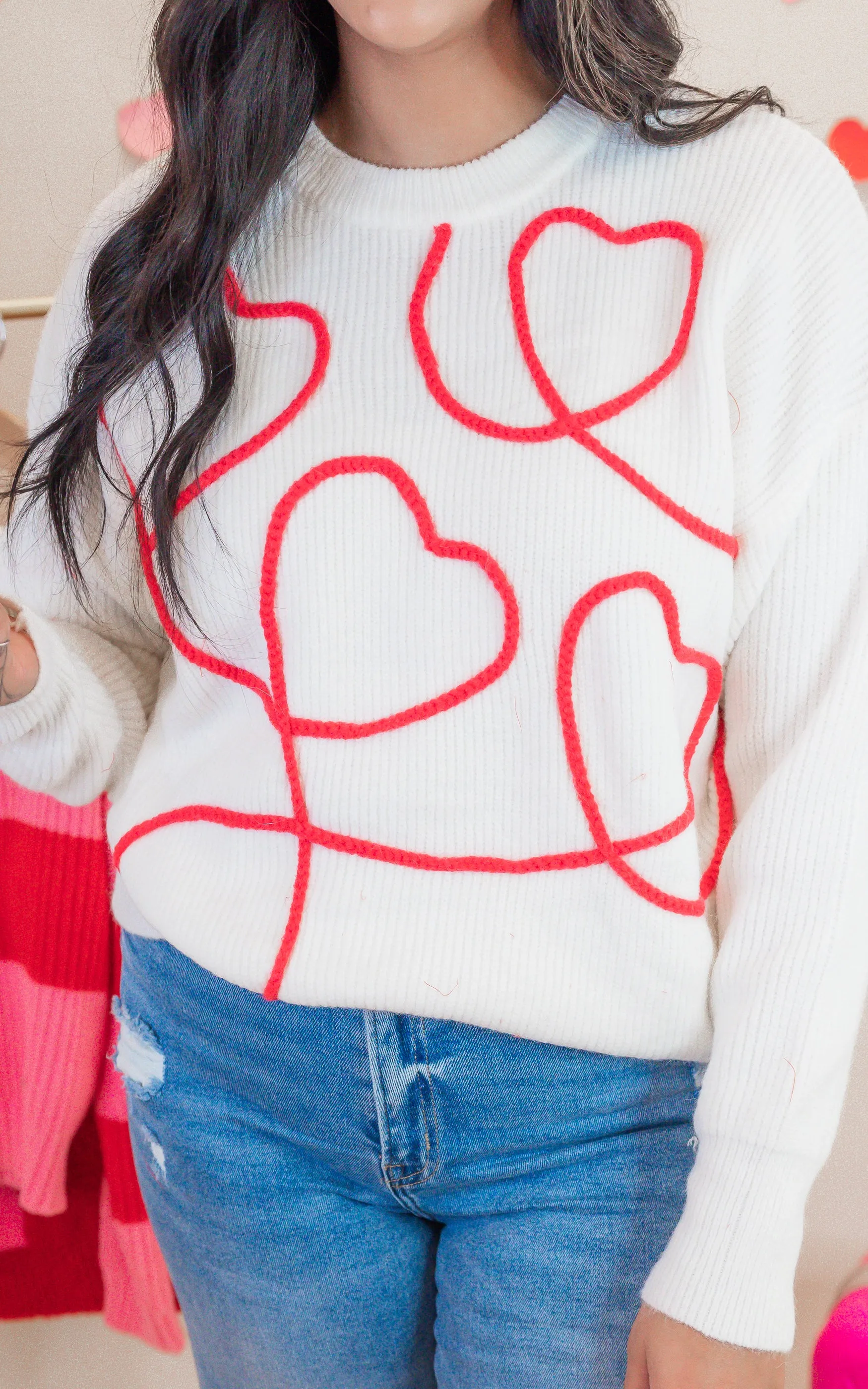 Hearts Thread Embroidery Long Sleeve Sweater