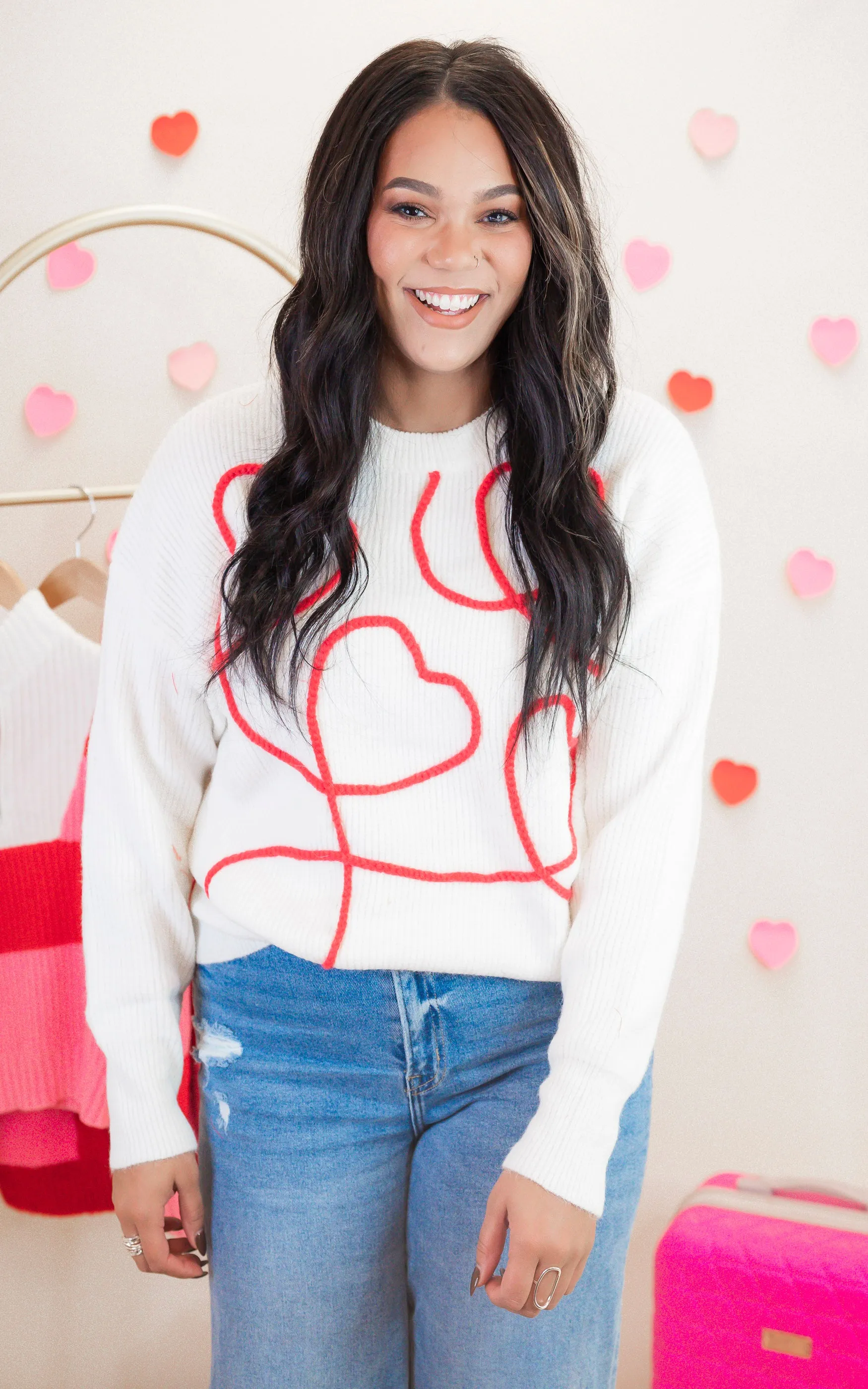 Hearts Thread Embroidery Long Sleeve Sweater