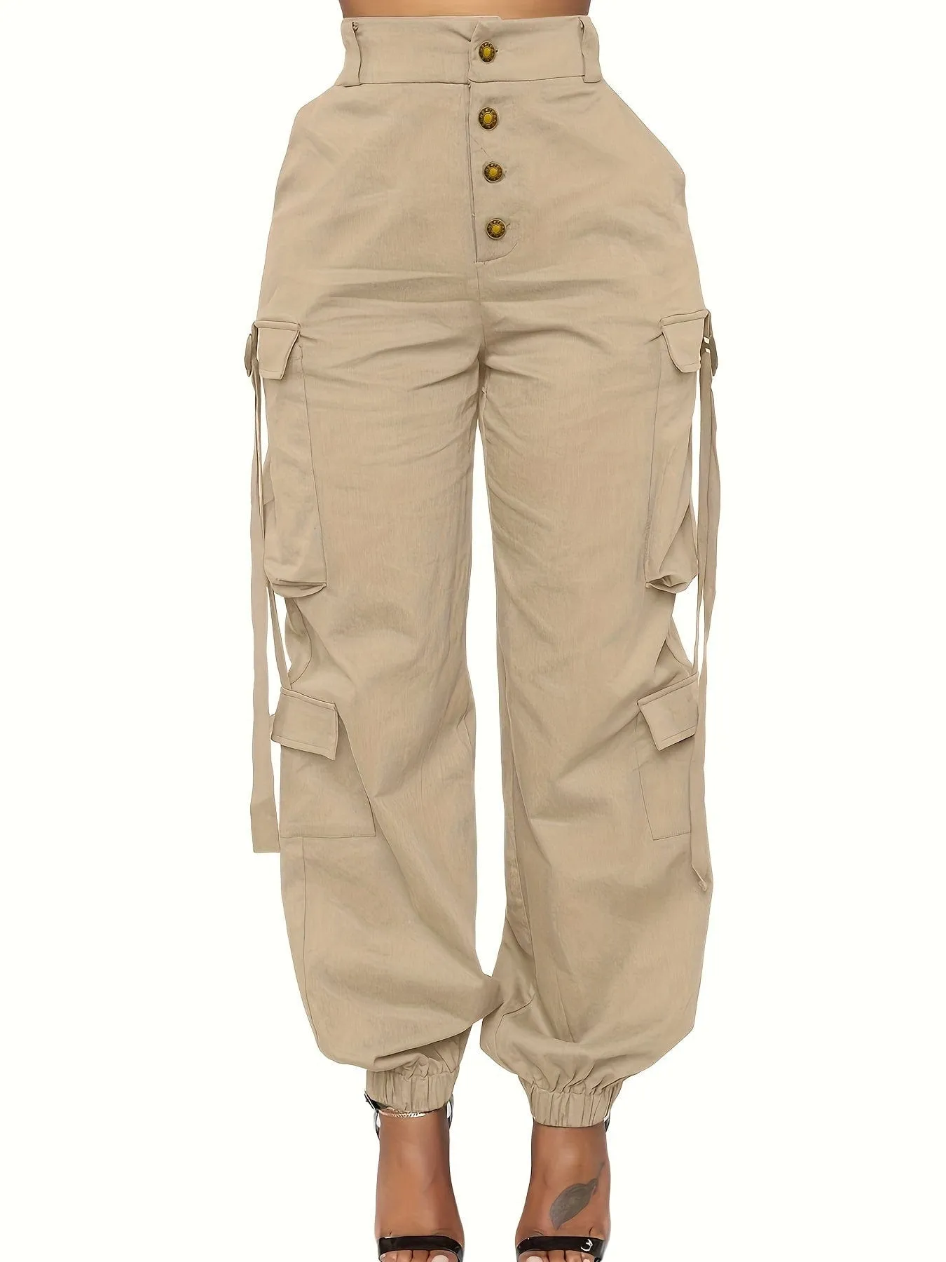 High Waist Jogger Pants - Alpha C Apparel, Solid Flap Pockets, Casual Spring/Fall