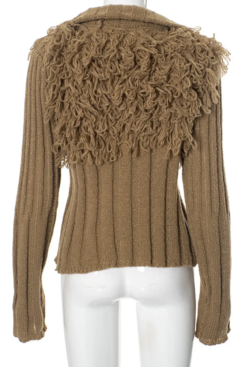 HWR1082 Fringe Detail Ribbed Sweater