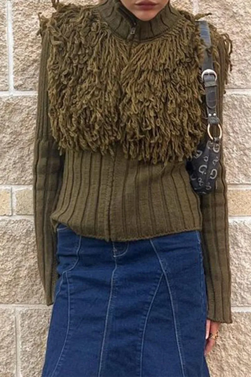 HWR1082 Fringe Detail Ribbed Sweater