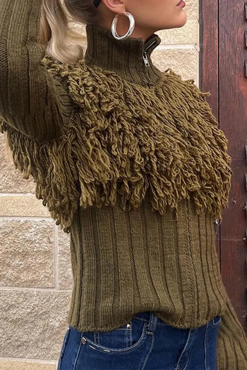 HWR1082 Fringe Detail Ribbed Sweater