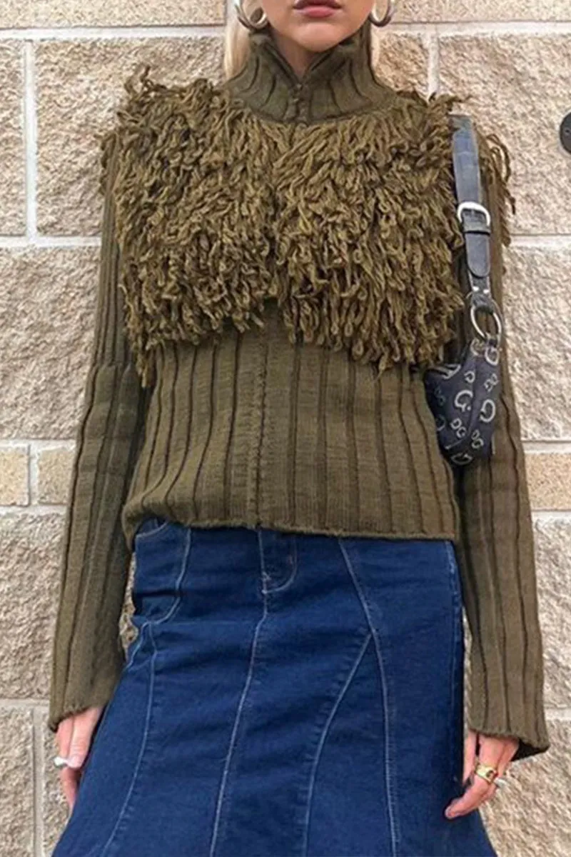 HWR1082 Fringe Detail Ribbed Sweater