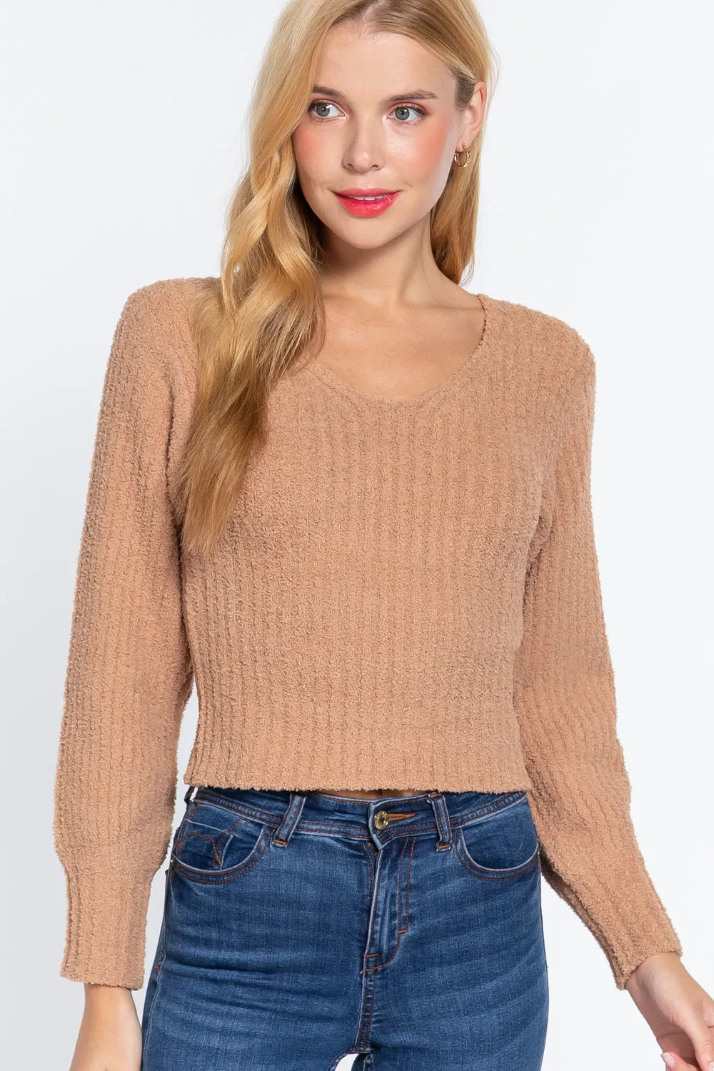 Khaki Long Puff Sleeve V neck Rib Sweater Top_