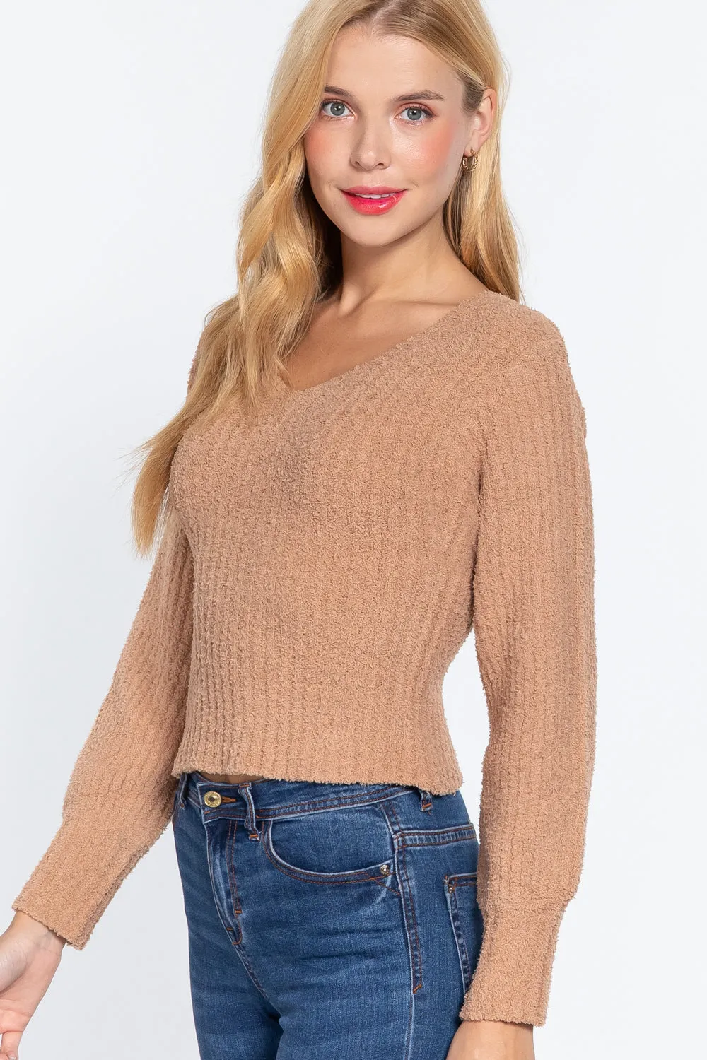 Khaki Long Puff Sleeve V neck Rib Sweater Top_