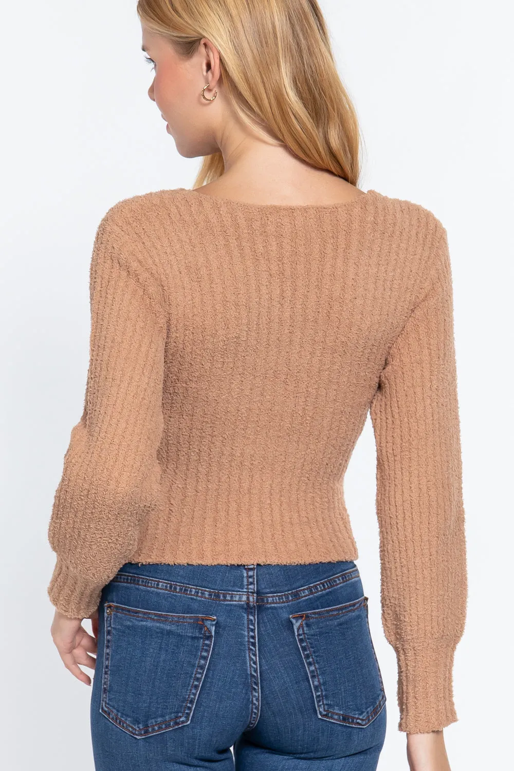 Khaki Long Puff Sleeve V neck Rib Sweater Top_