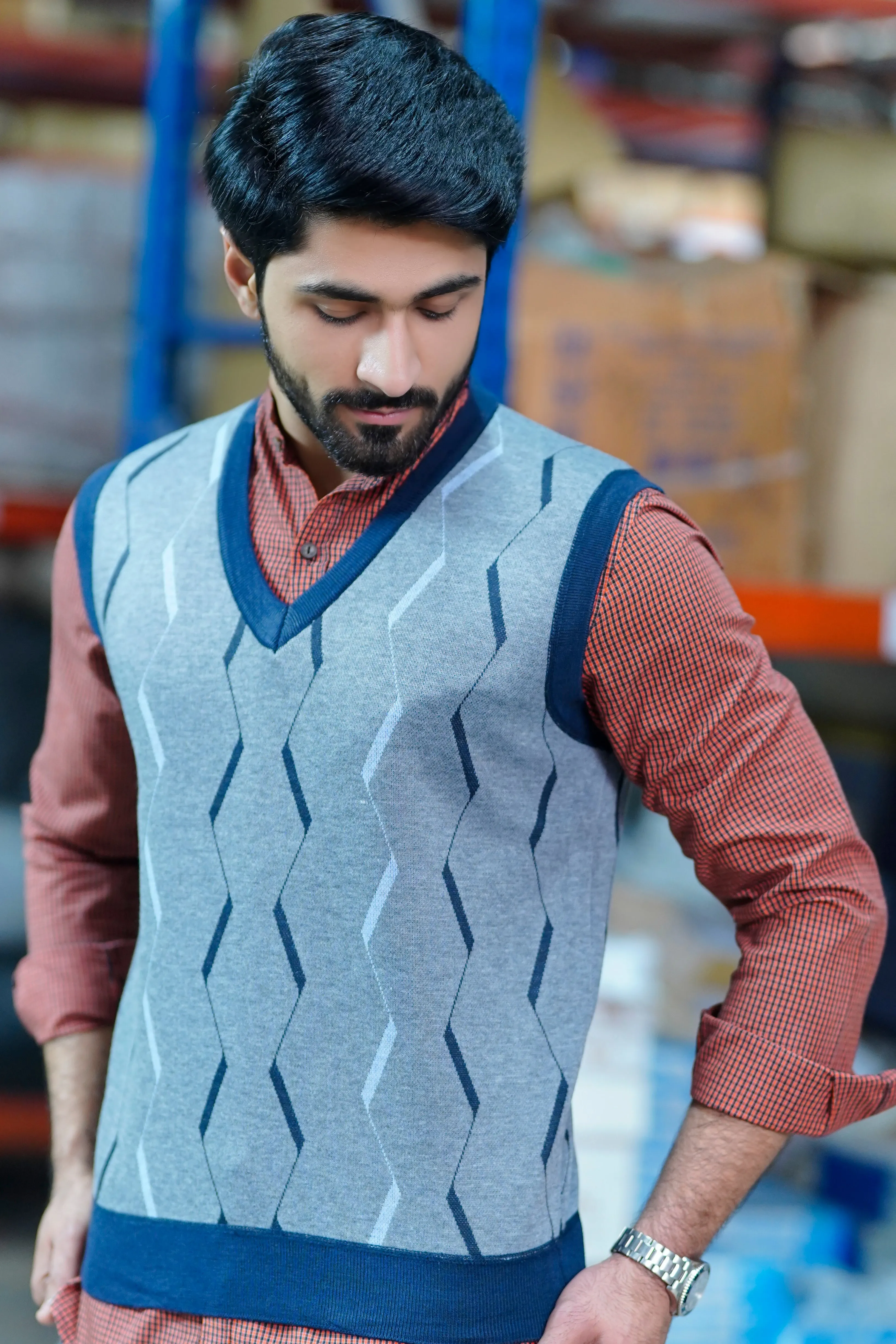 Men Stylish V Neck Sweater Grey