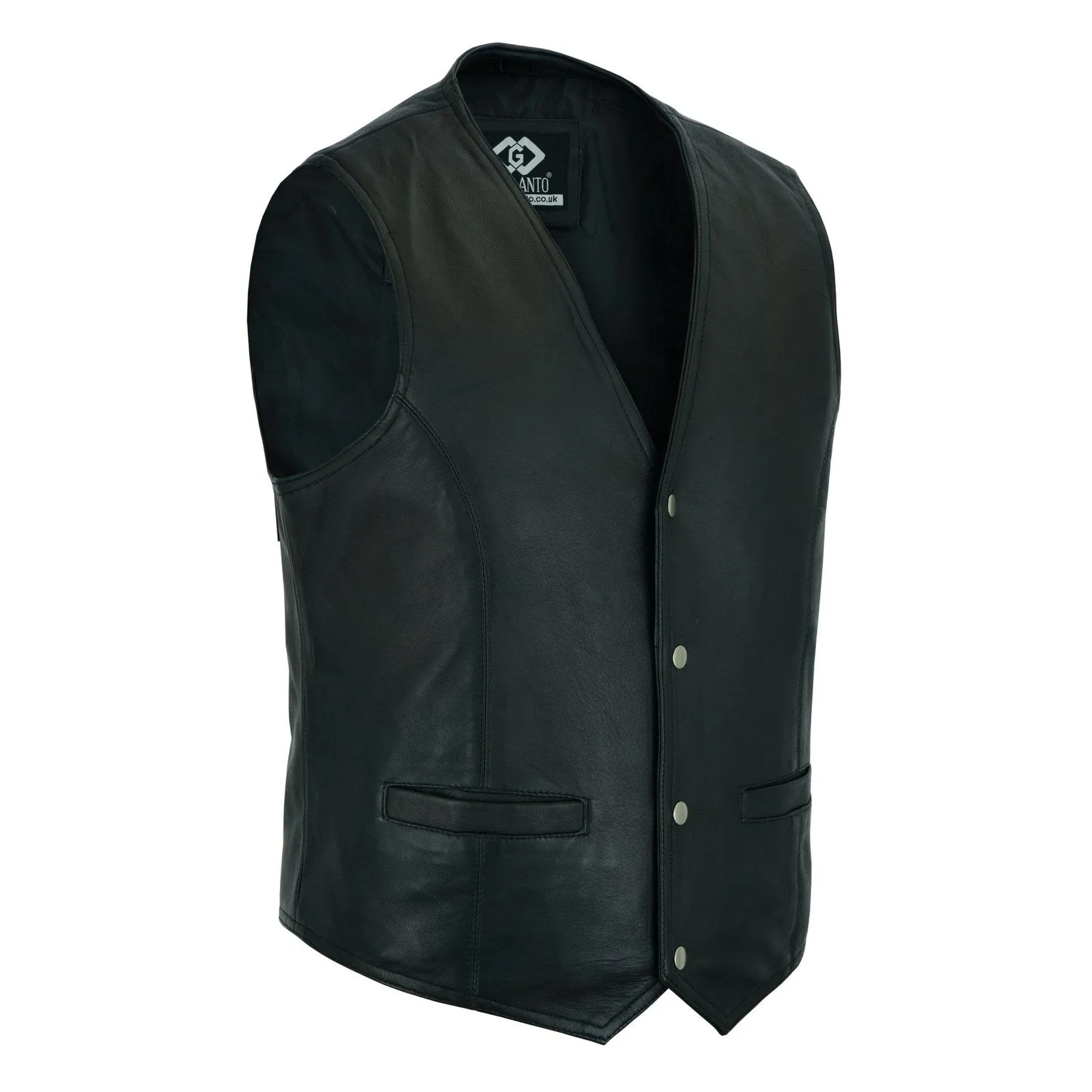 Mens Black Leather Waistcoat Vest with Snap Button