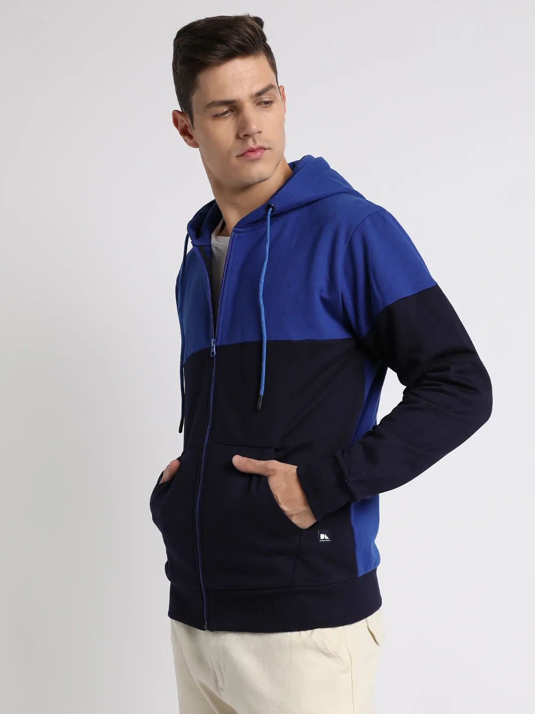 Men's Blue colorblock Front-Open Hooded Sweatshirt