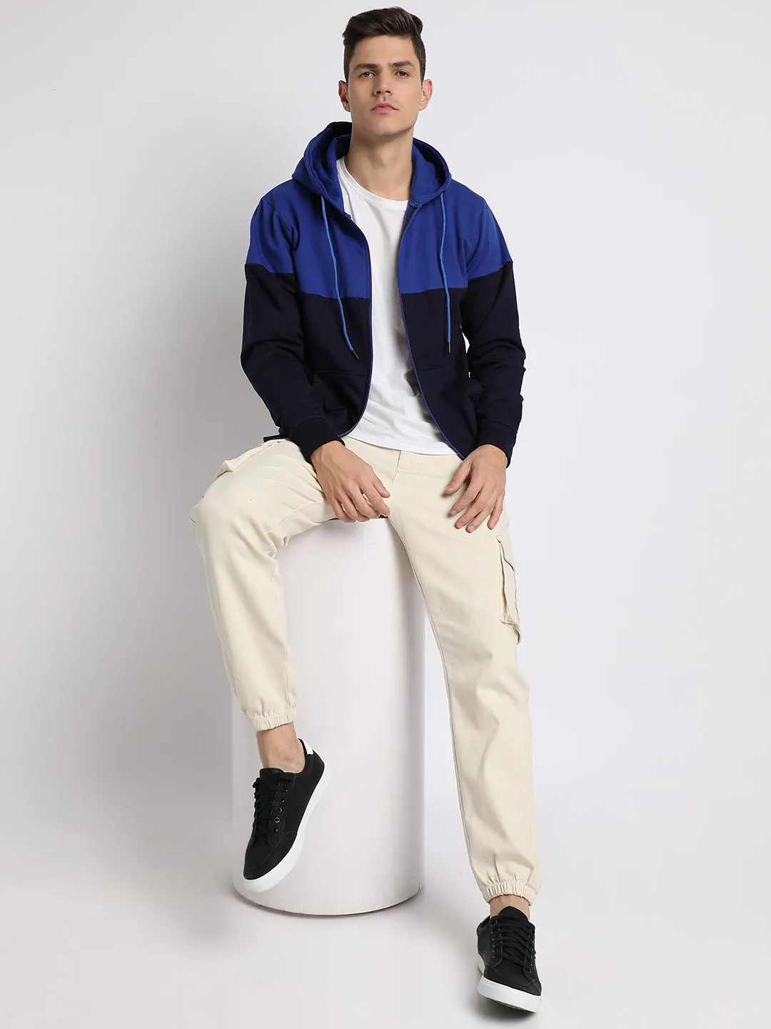 Men's Blue colorblock Front-Open Hooded Sweatshirt