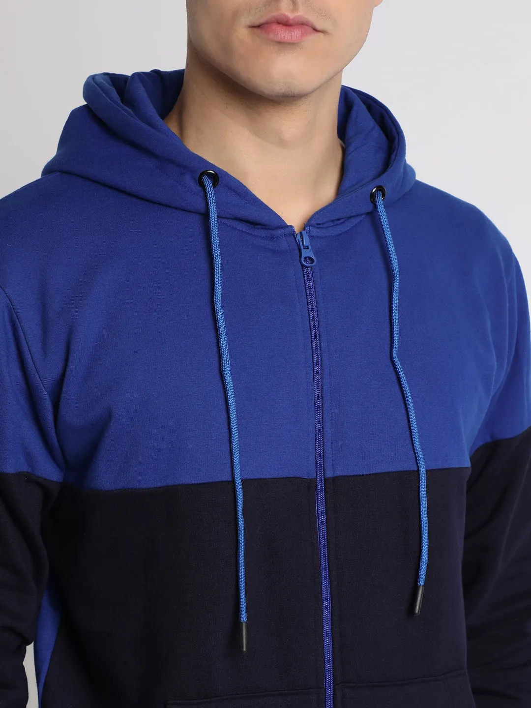 Men's Blue colorblock Front-Open Hooded Sweatshirt