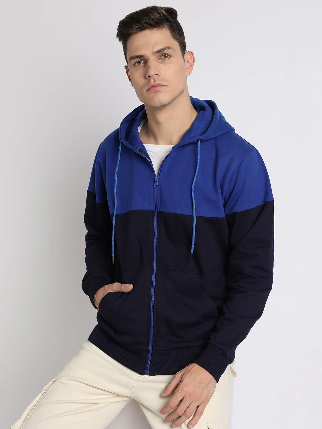 Men's Blue colorblock Front-Open Hooded Sweatshirt