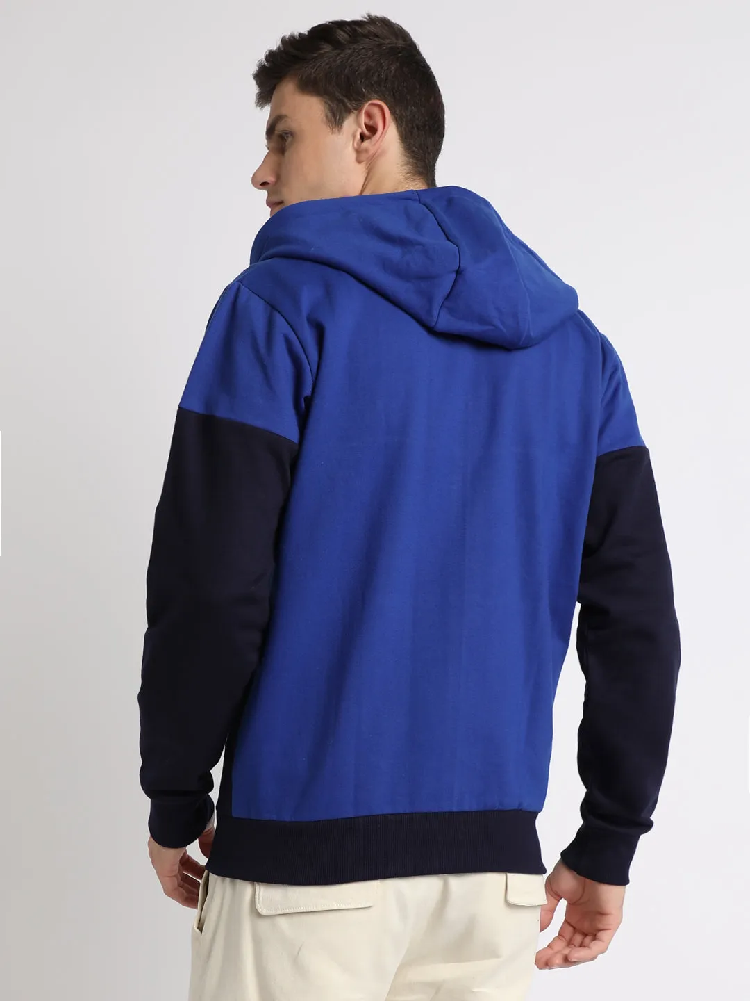 Men's Blue colorblock Front-Open Hooded Sweatshirt