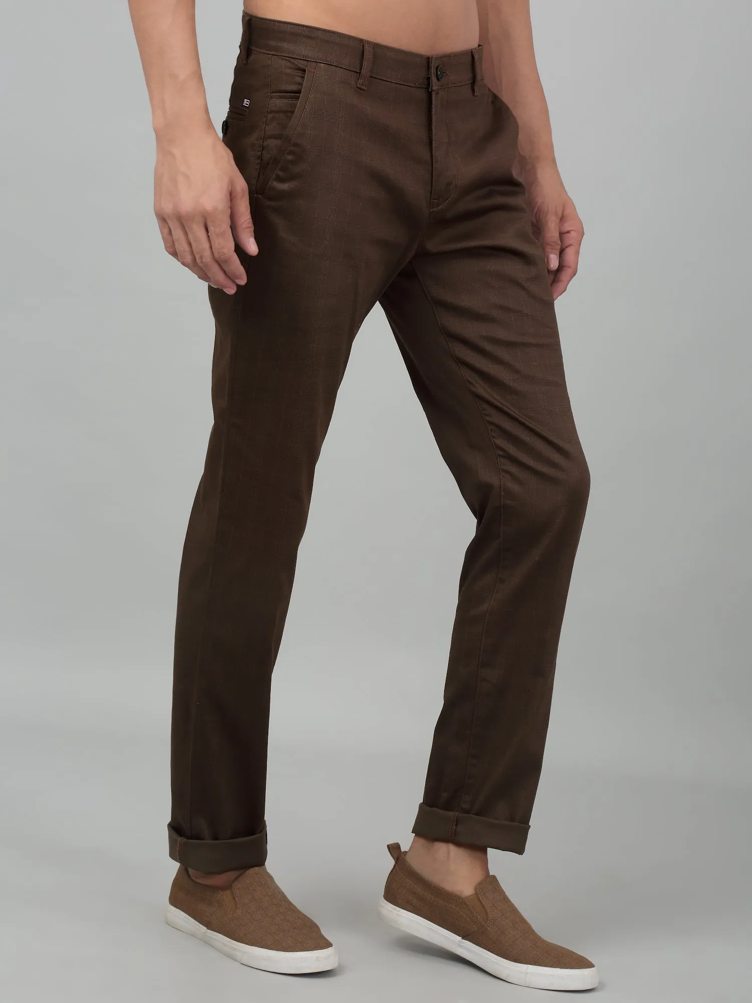 Men's Casual Flat front Brown Checks Trousers