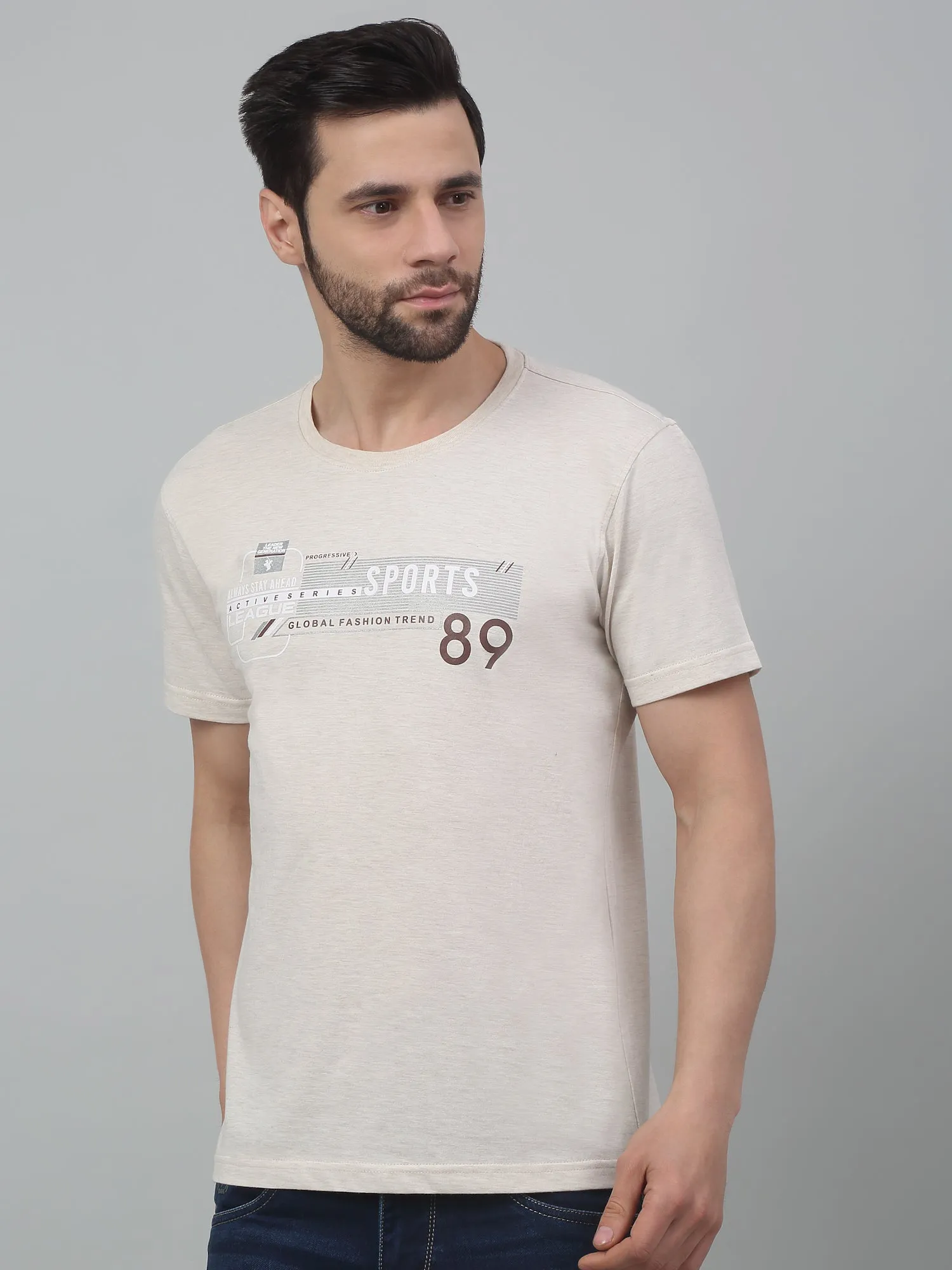 Men's Light Beige Round neck Half Sleeve T-Shirt with Typographic print