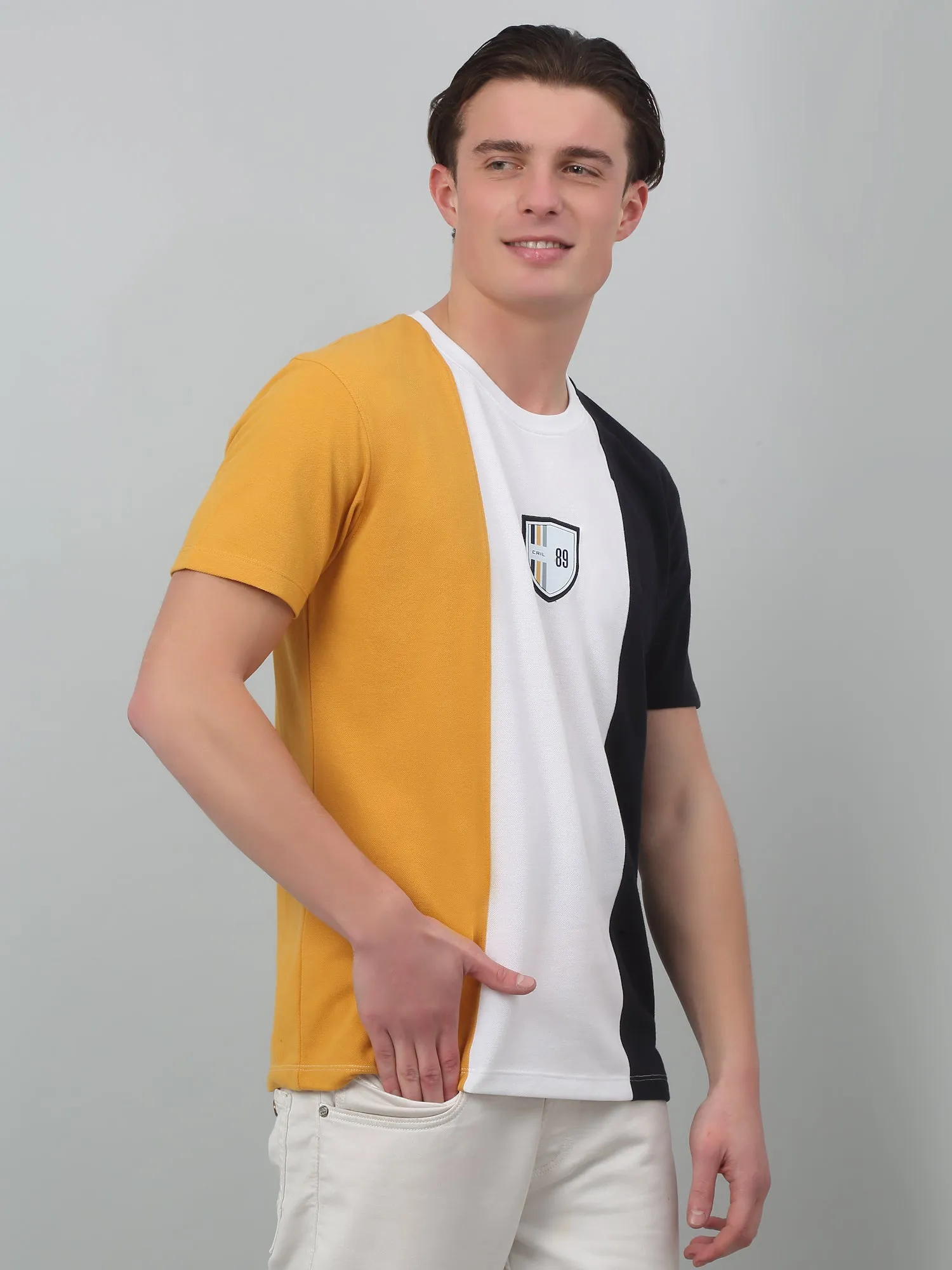 Men's Mustard Vertical 3 color block Round neck Half Sleeve T-Shirt