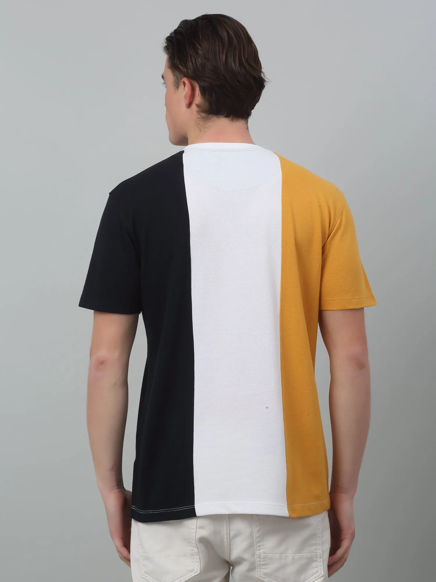 Men's Mustard Vertical 3 color block Round neck Half Sleeve T-Shirt