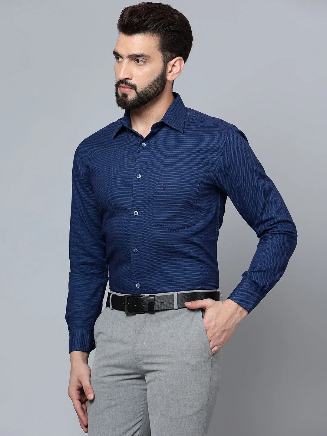 Men's Navy Blue Party Self Textured Full Sleeve Shirt