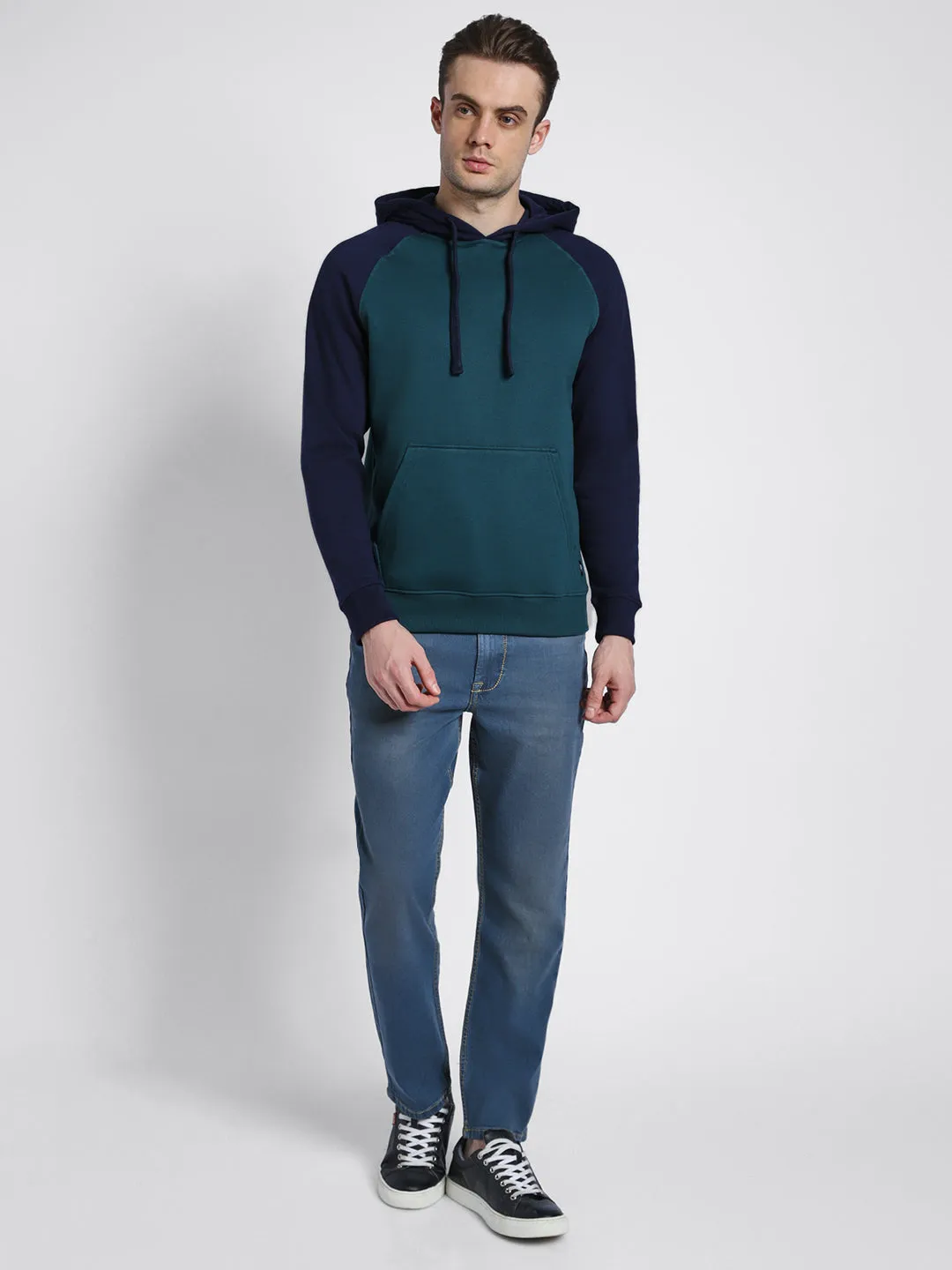 Men's Teal Colorblock Hooded Sweatshirt