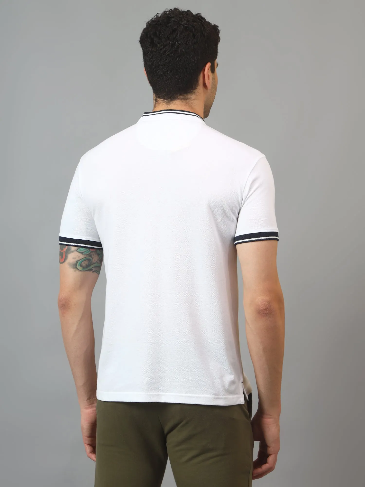 Men's White  Mandarin neck Half Sleeve T-Shirt