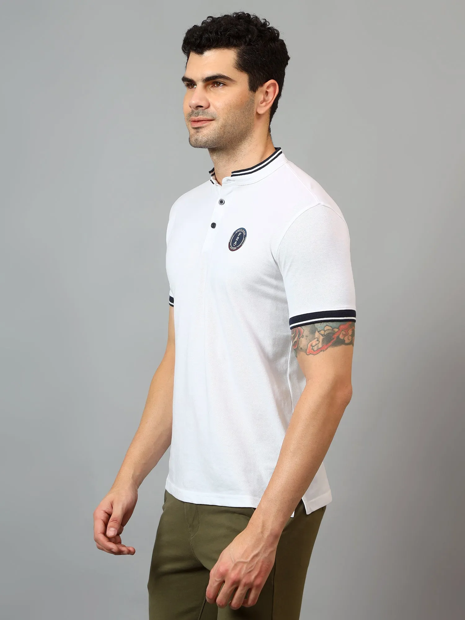 Men's White  Mandarin neck Half Sleeve T-Shirt