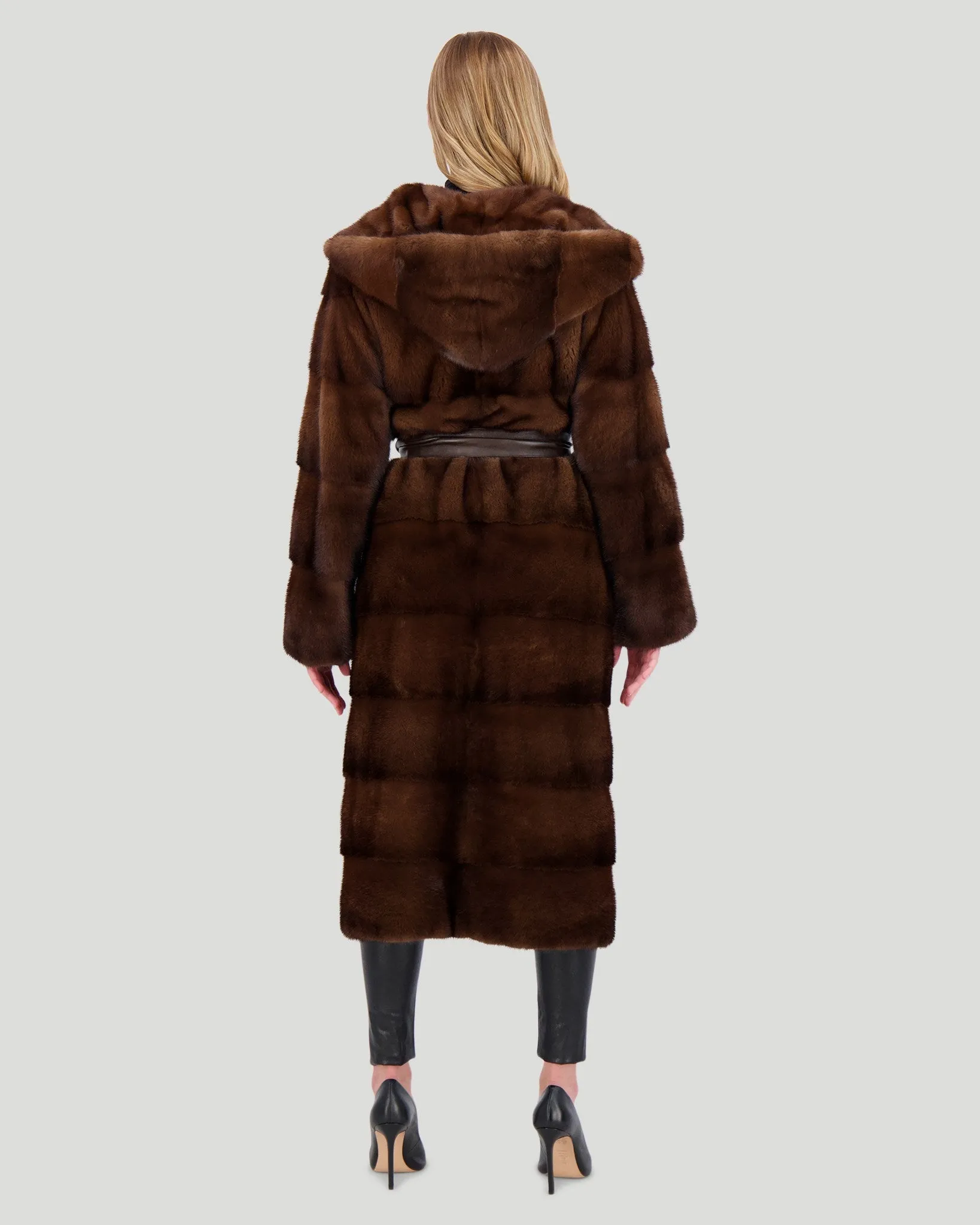 Mink Short Coat with Hood and Leather Belt