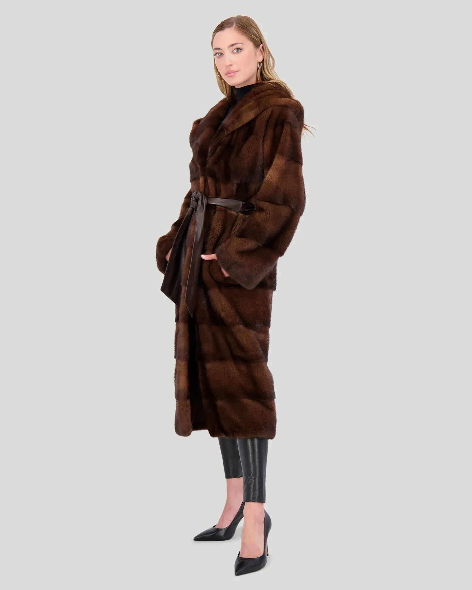 Mink Short Coat with Hood and Leather Belt