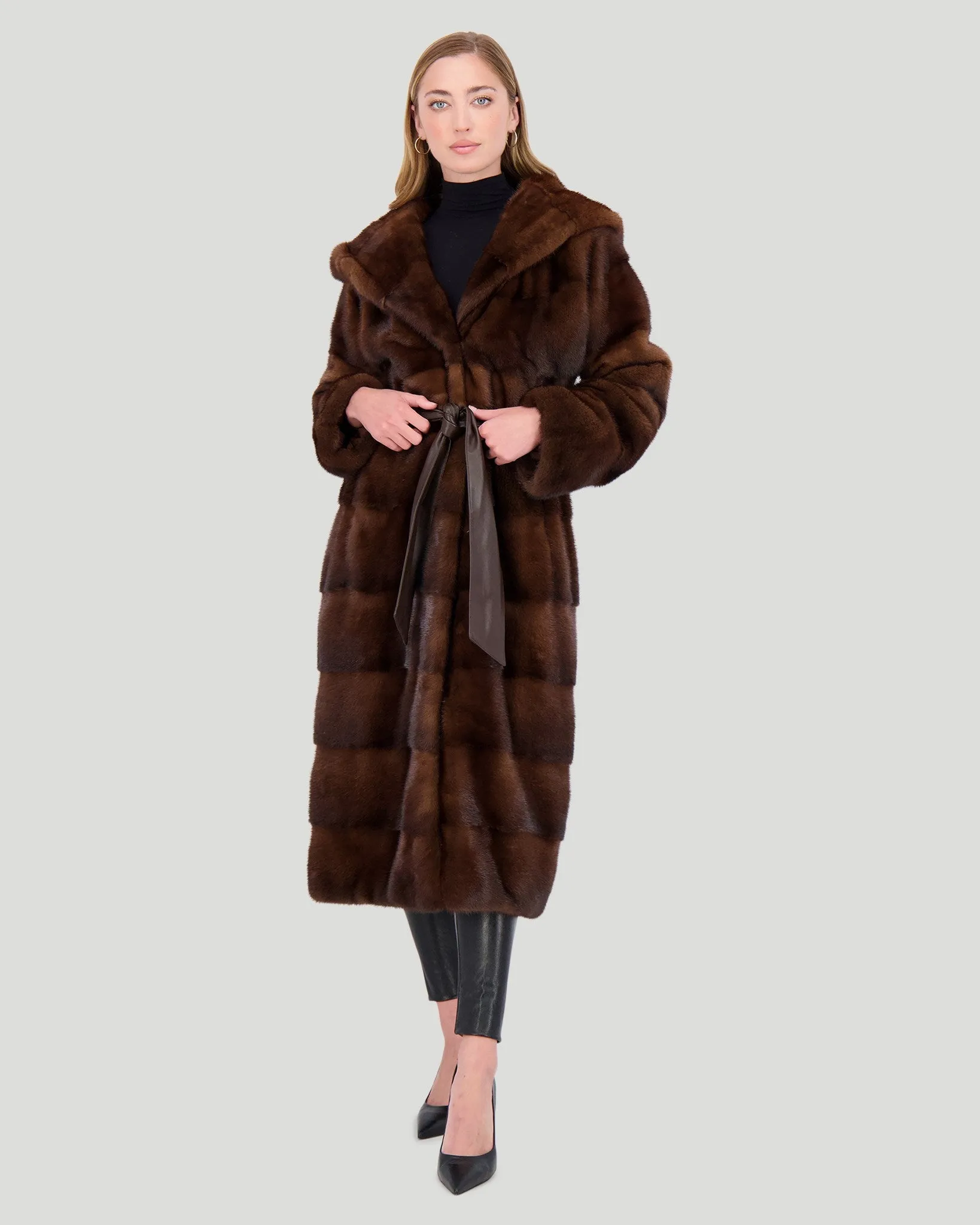 Mink Short Coat with Hood and Leather Belt