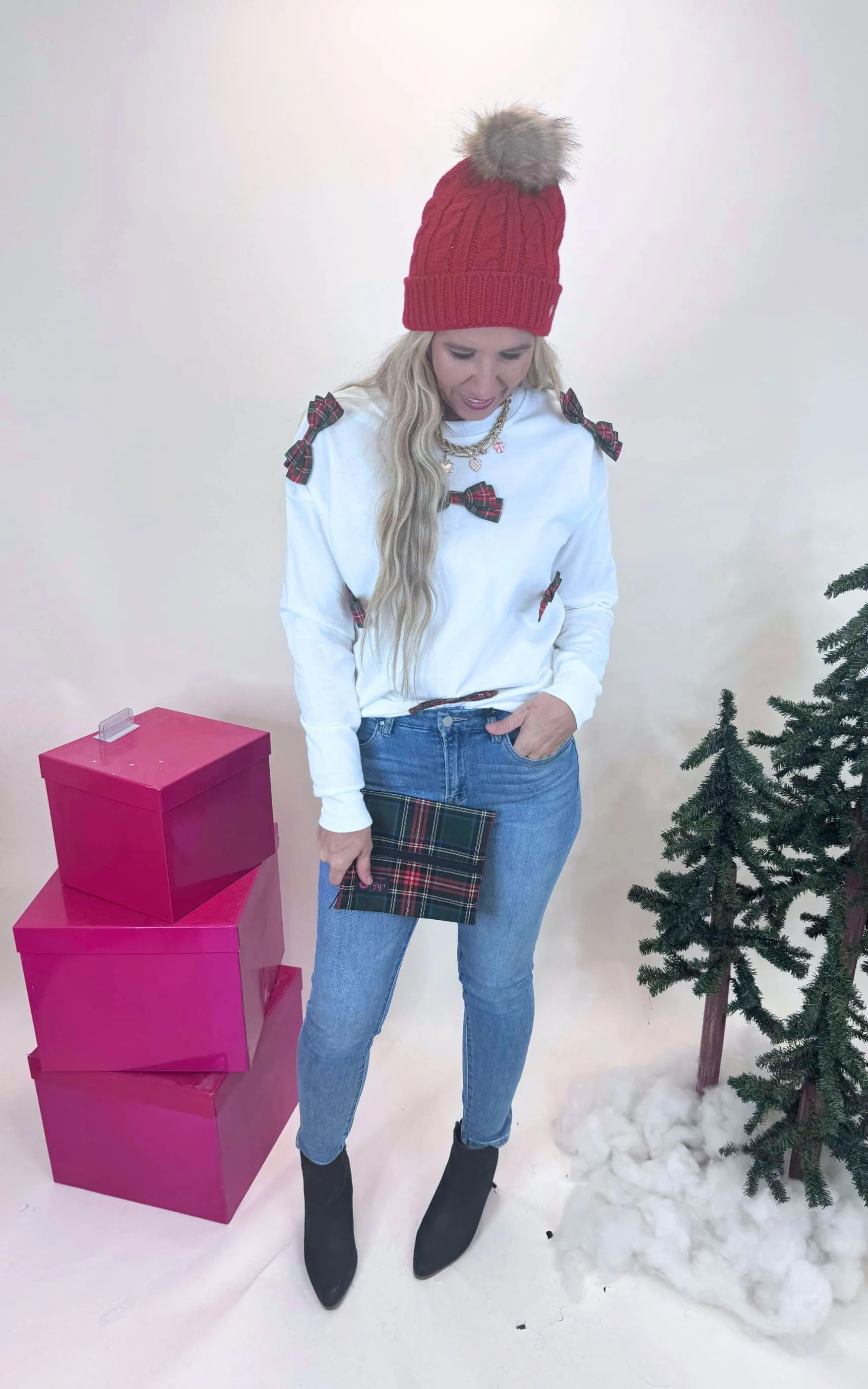 Multi Plaid Bow Long Sleeve Sweater