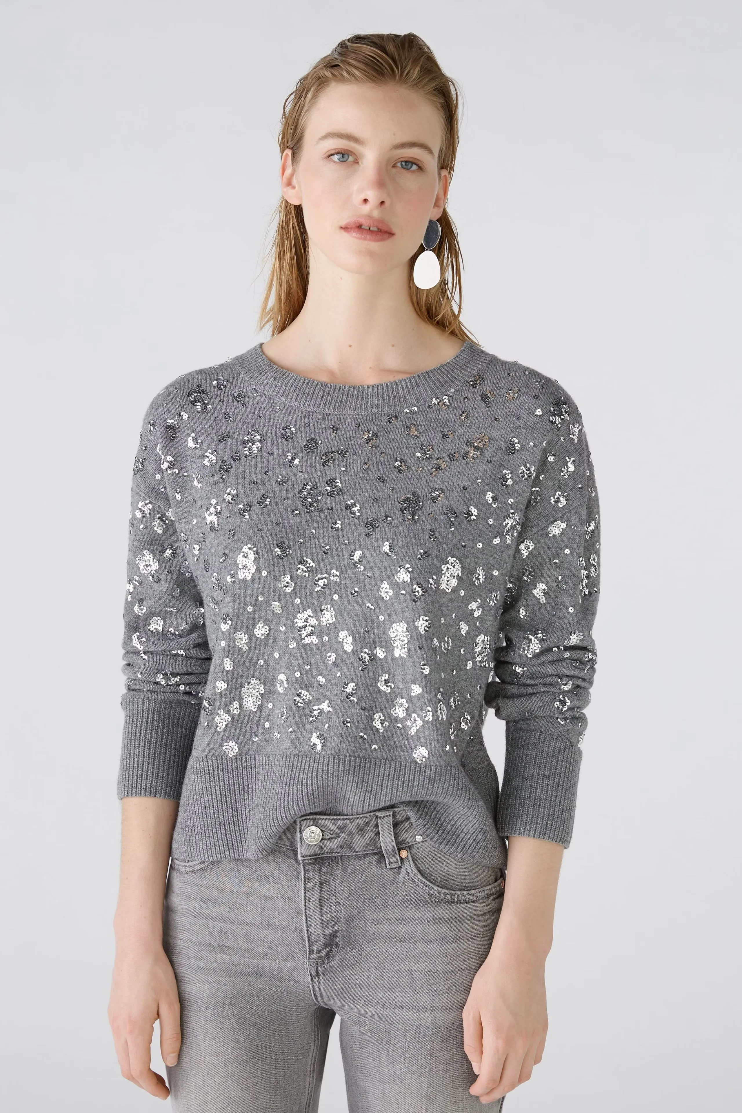 Oui Shiny Sequined Knit Sweater Grey