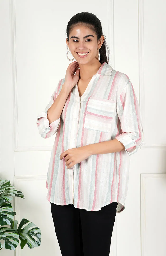 Patel Striped Casual Long Sleeve Stylish V-Neck Shirts with Pocket