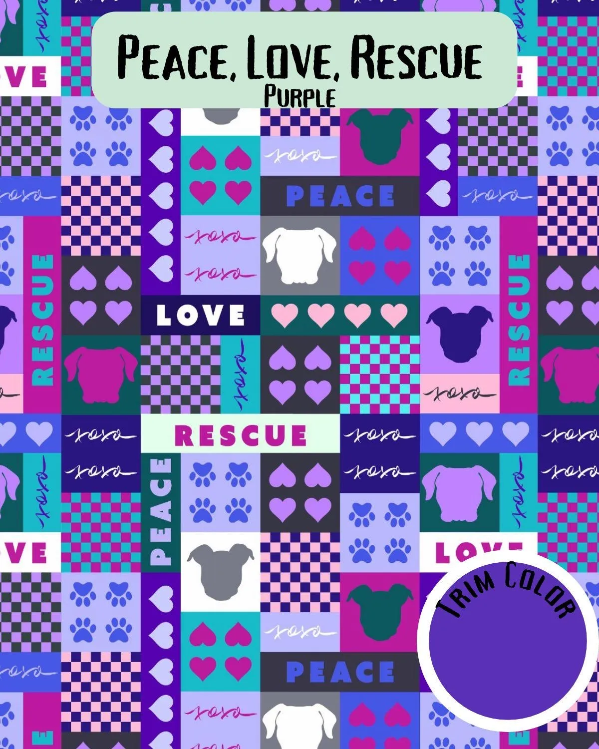 Peace, Love, Rescue (Purple) - Dog Pajama with Purple Trim/Sleeves